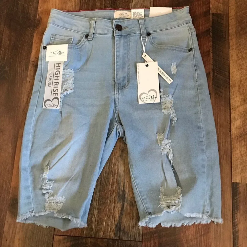 Vince blue NY Bermuda Distressed Denim High Waist Shorts SZ 5 New with tags